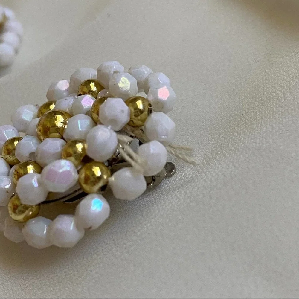 VTG White Gold Bead Cluster Clip Earrings